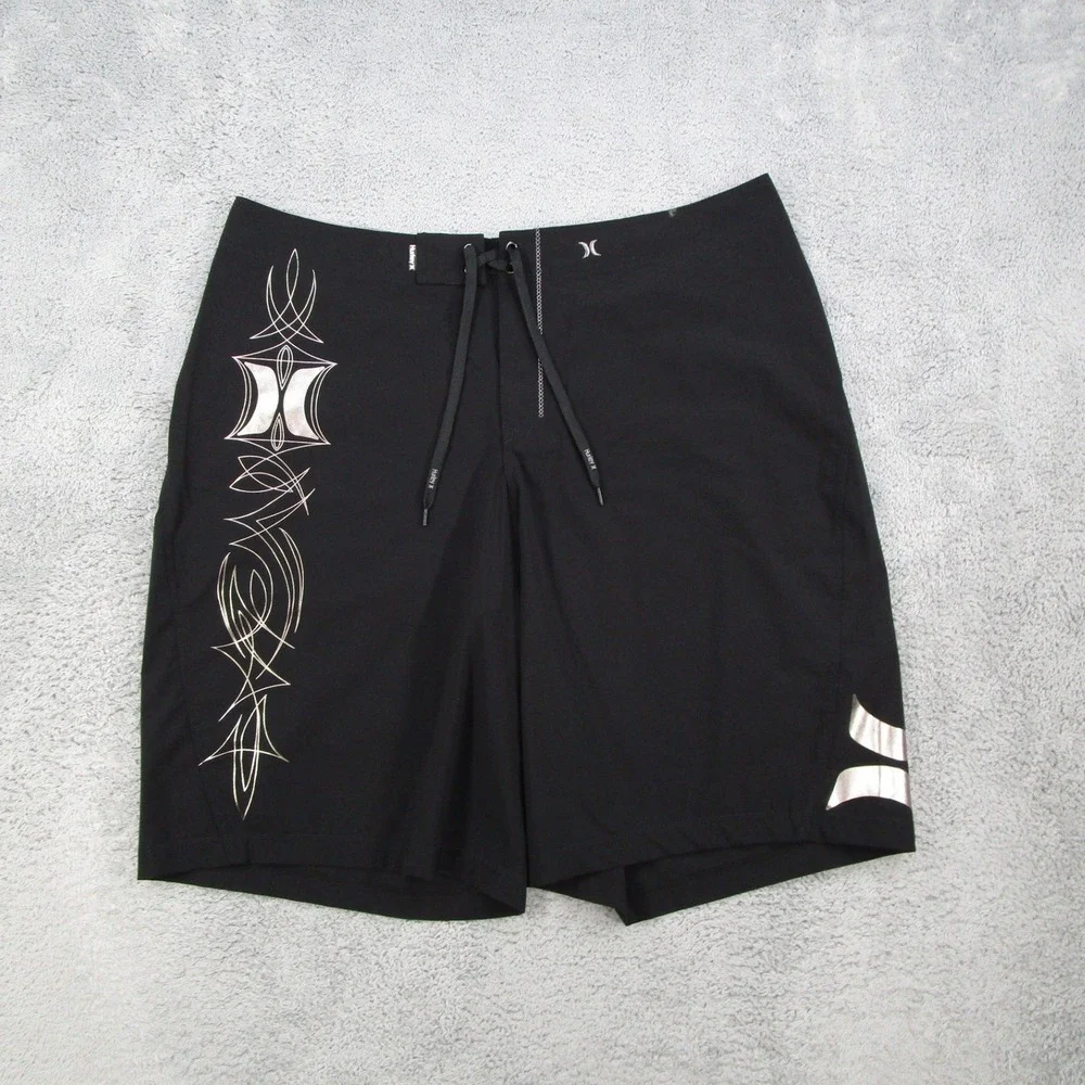 Hurley Phantom Board Shorts Mens 40 Black Silver Tribal Graphic Swim Trunks